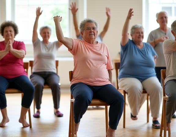 Groep senioren beoefent chair yoga in Vlechtwerk Yoga, Tilburg